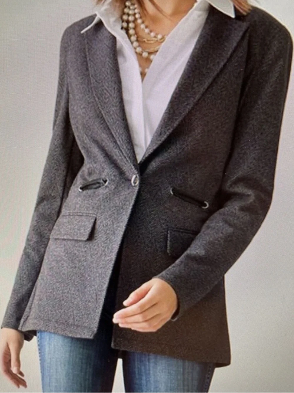 White House Black Market Herringbone Knit Blazer Gray Bloodstone Large NWT